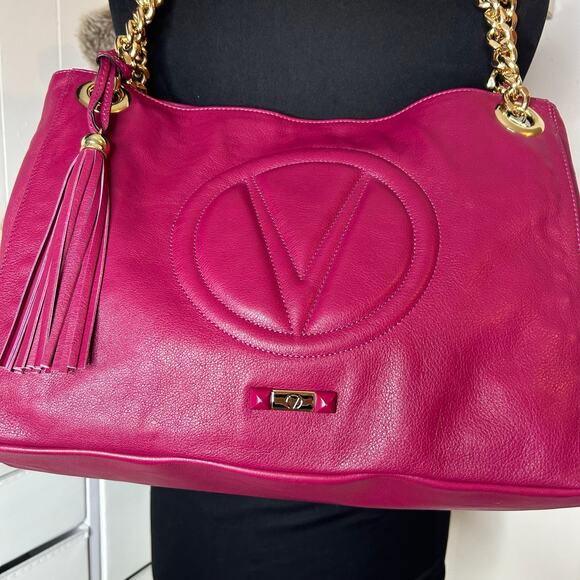 ⁀➷ Valentino by Mario Valentino Pink Leather Chain Strap Shoulder Purse (HB-19) - Picture 2 of 13